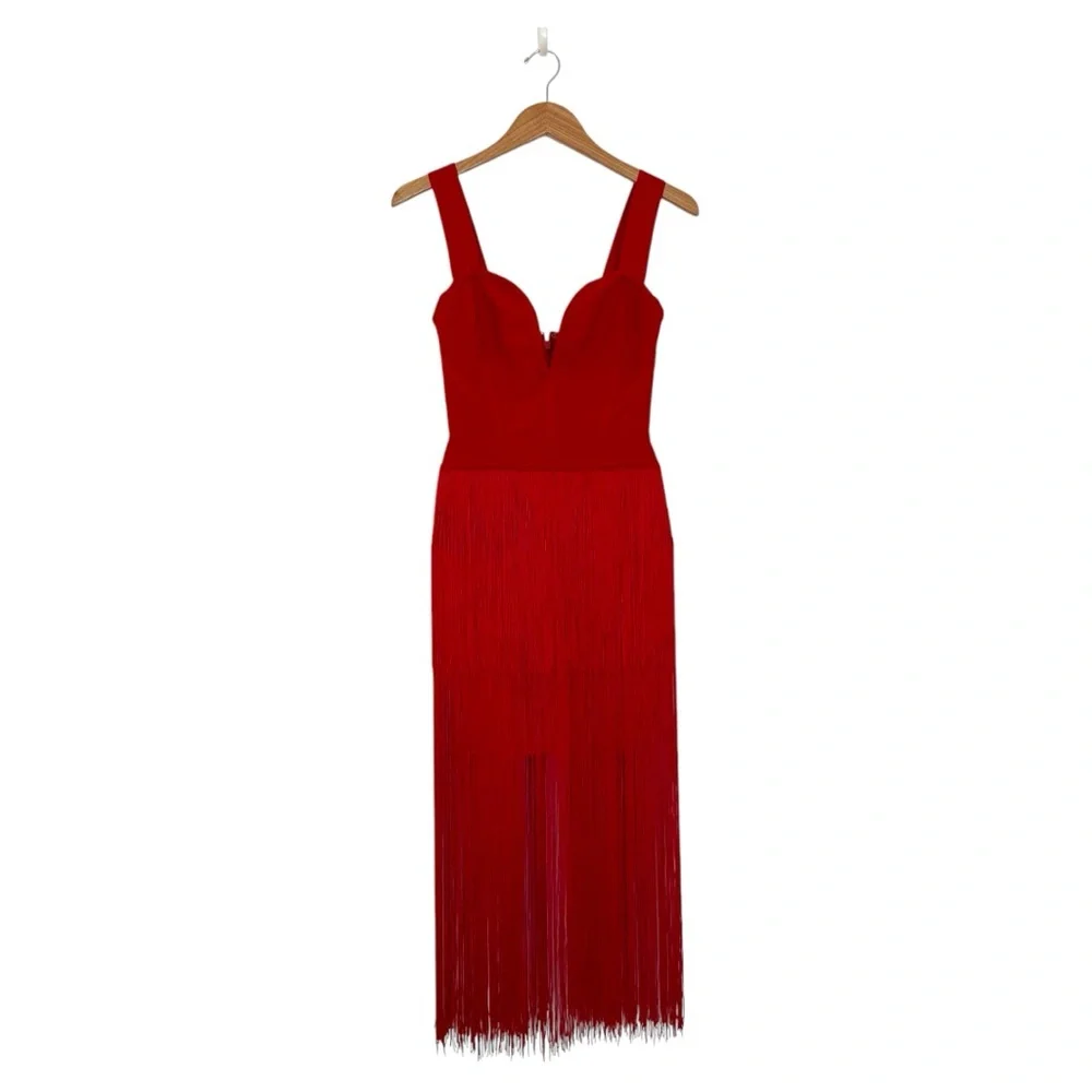 STYLE OF CB Red Midi Bodycon Dress w/ Maxi Length Tiered Fringe, Size XS - Picture 7 of 14